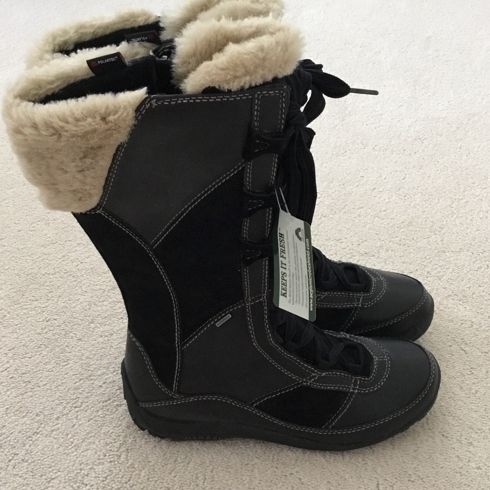 MERREL Women's Waterproof Black Winter Lace-Up Boots with Shearling Collar